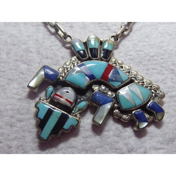 Vintage Zuni Sterling Silver Rainbow Man Necklace 25" Chain Handcrafted With Inl - Picture 3 of 9